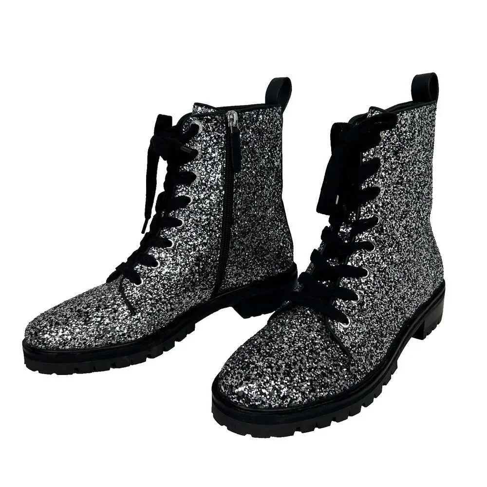 Kate Spade Jemma Glitter Combat Boots Lace Up Shoes Sparkle Leather Silver 7.5